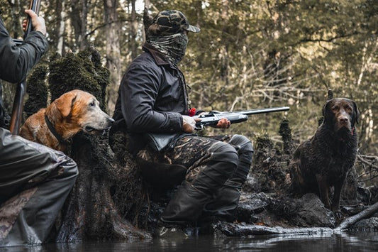 Two hunters sitting with their dogs in a marsh